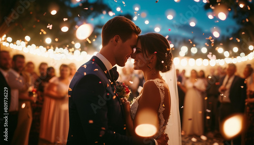 he wedding moment of the groom and bride, guests in the background, lights and confetti 