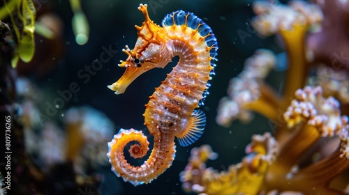 Close up photo of beautiful orange seahorse, AI generated image.