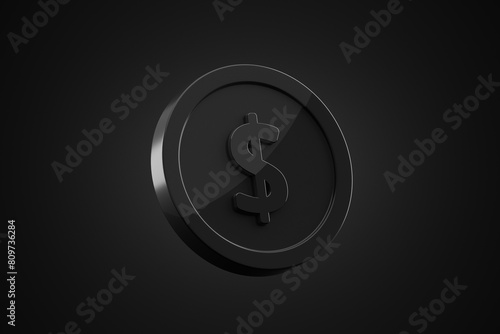 Black dollar coin money currency business cash wealth symbol finance investment banking on 3d background financial payment exchange market sign economy shiny usd coins earning wallet commerce price.