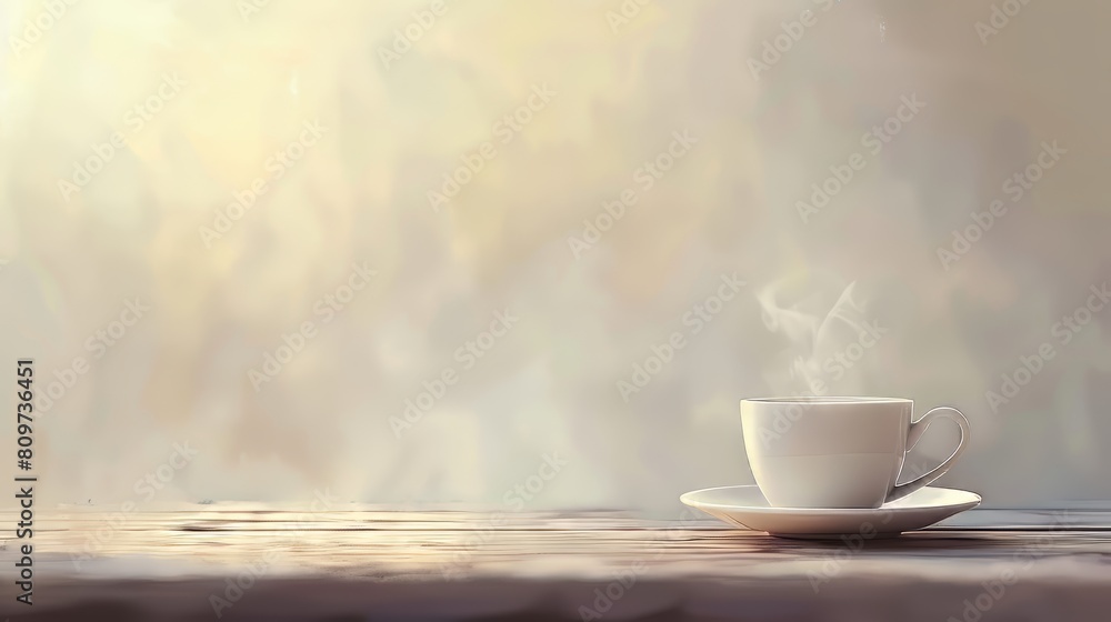 Serene backdrop featuring a steaming cup of coffee and ample copy space Serene backdrop featuring a steaming cup of coffee and ample copy space
