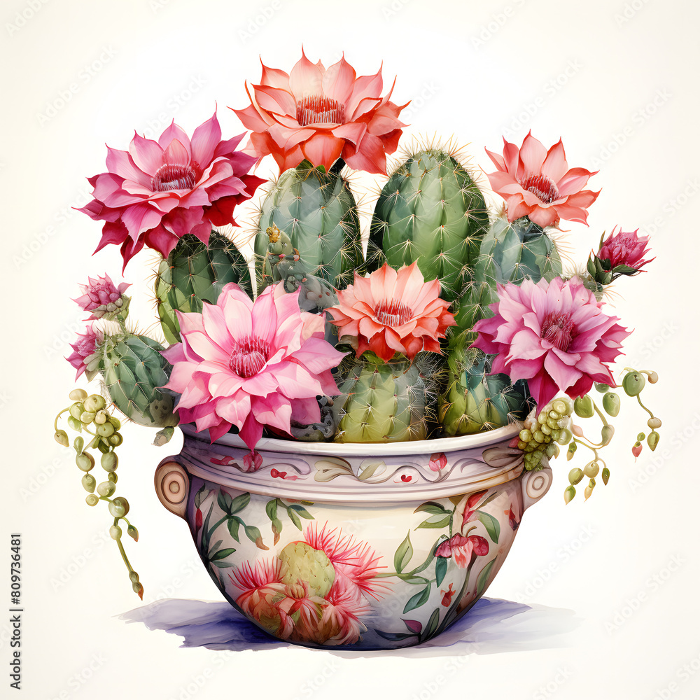 Parodia magnifica, Grow on a cute pot, single object, watercolor illustration, white background.