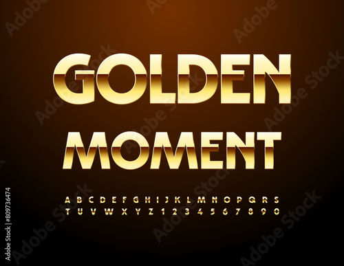 Vector luxury card Golden Moment. Exclusive modern Font. Glossy elegant Alphabet Letters and Numbers set.