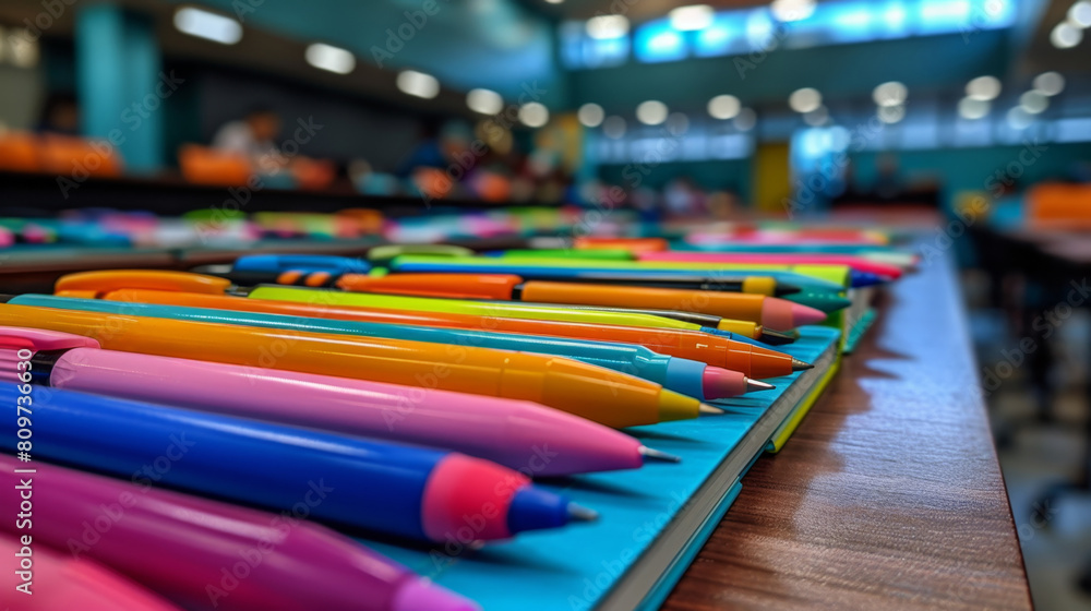 back-to-school supplies, arranged on the front desk of the lecture hall, colorful highlighters and textbooks signal the beginning of a new academic semester at university back-to-school supplies, arranged on the front desk of the lecture hall, colorful highlighters and textbooks signal the beginning of a new academic semester at university