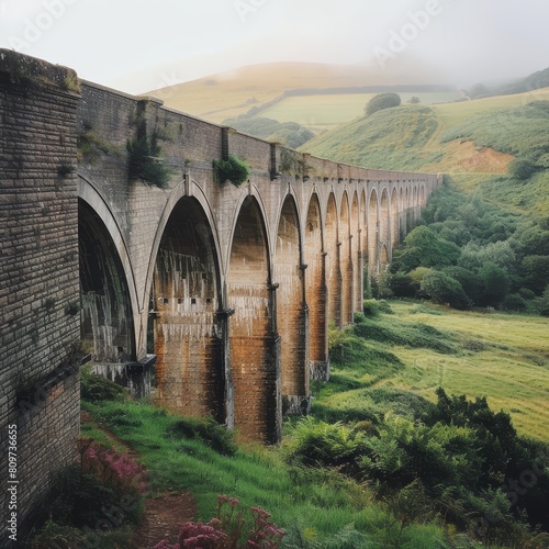 Peaceful viaduct bridge surrounded by lush green hills and countryside.