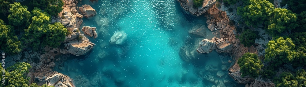 Naklejka premium Crystal clear water flows from a hidden forest stream into a vibrant coral reef teeming with fish