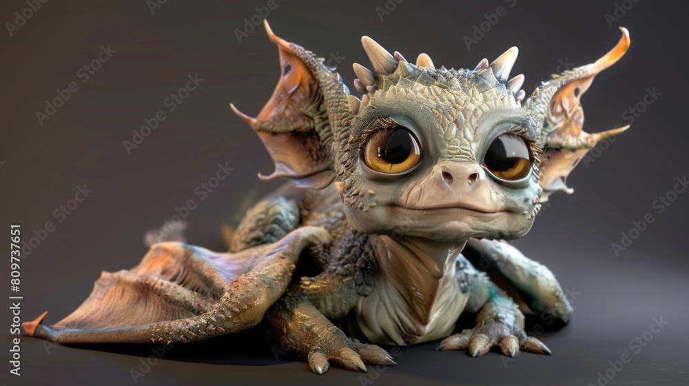 Cute fantasy baby dragon with big eyeballs,AI generated image.
