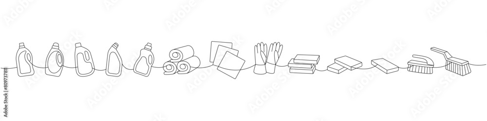 Obraz premium Set of cleaning tools one line. Toilet cleaners, towels, rags, gloves, sponges, washcloths, brushes continuous one line illustration.