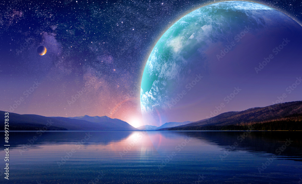 a pristine and reflective lake show an image of a starry night sky accompanied by giant alien planets during sunset, amazing space wallpaper for desktop, fantasy landscape digital art, 3d illustration