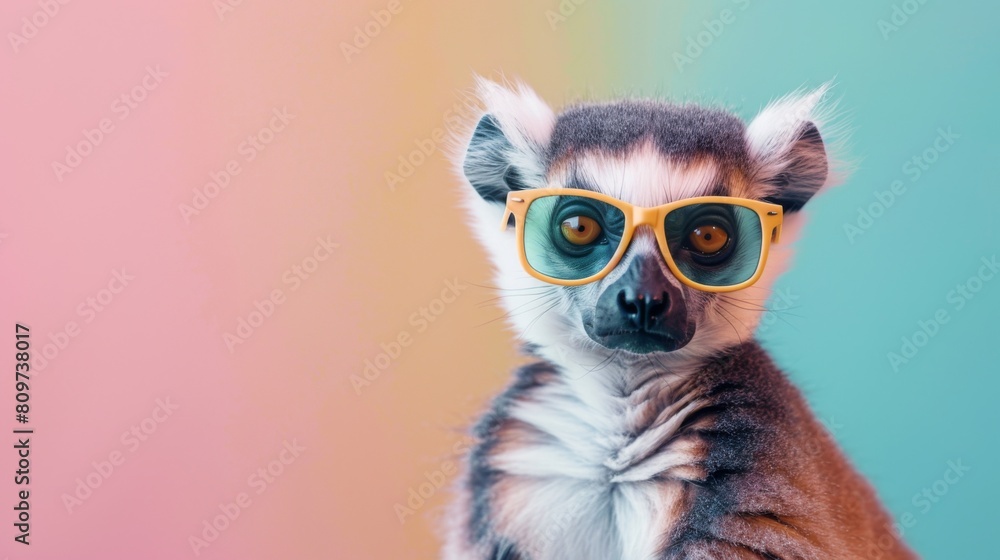 A fashionable lemur with glasses on a vivid background. The animal is wearing sunglasses.