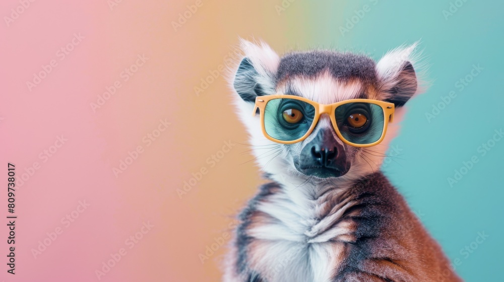 Fototapeta premium A fashionable lemur with glasses on a vivid background. The animal is wearing sunglasses.