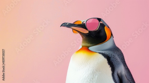 A fashionable penguin with glasses on a pink background. The animal is wearing sunglasses.