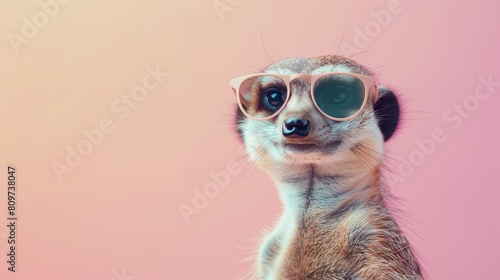 A fashionable meerkat with glasses on a pink background. The animal is wearing sunglasses.