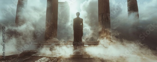 Ethereal guardian, guardian statue, standing in ruins of forgotten city, amidst swirling mist, depicted in a photography style with backlighting