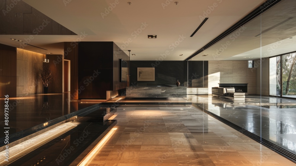 A large room with a black wall and a black floor. The room is empty and has a modern design A large room with a black wall and a black floor. The room is empty and has a modern design
