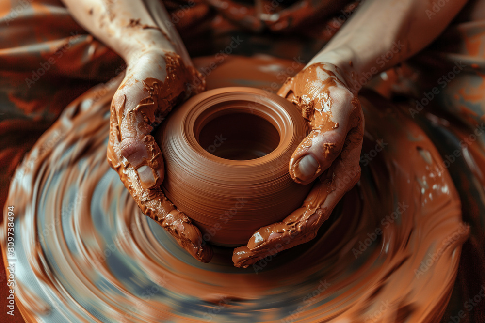 Master potter molding a clay pot on a wheel