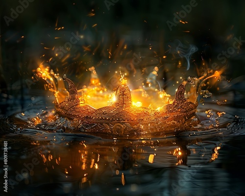 Gold Crown, Ancient Artifact, Reflecting the Power of Kings, Illuminated by a Flaming Torch, Glowing with a Mythical Aura, Realistic, Golden Hour, Depth of Field Bokeh Effect © jinna