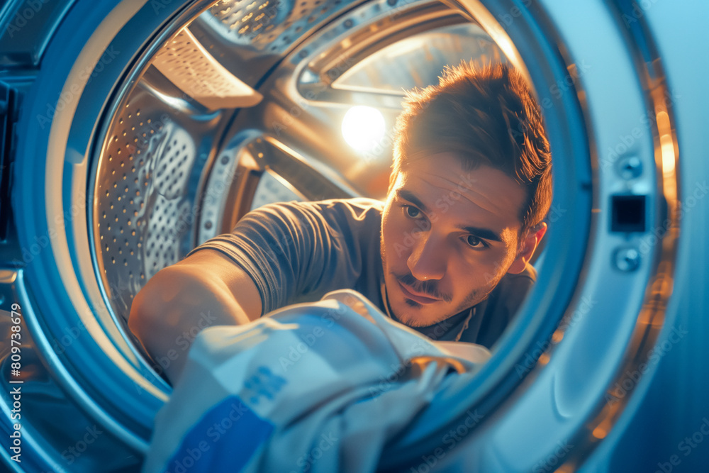 Man attentively loading a washing machine Man attentively loading a washing machine
