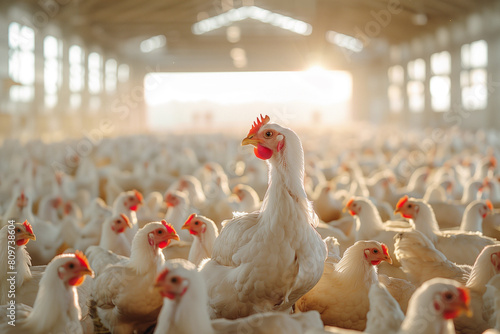 Proud hen stands out in crowded barn