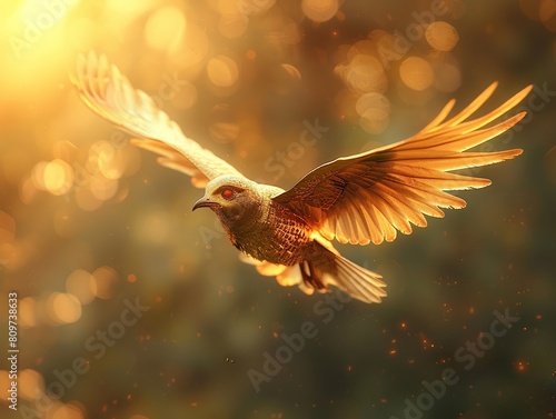 Golden Snitch, Wings, Magical Creature, Soaring in a sunlit sky, a gentle breeze, 3D render, Golden hour, Depth of field bokeh effect photo