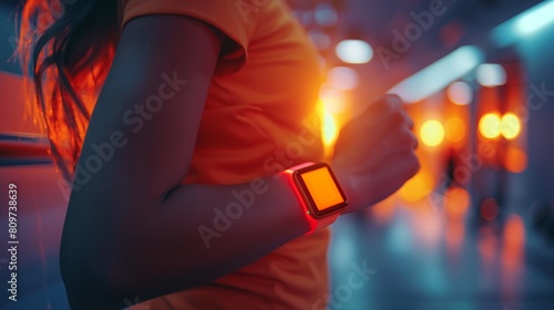 Heart Monitor, Fitness Tracker, Tracking Steps, A character examining a wearable health monitor device, showcasing its benefits in a gym setting Realistic, Backlights, Depth of field bokeh effect