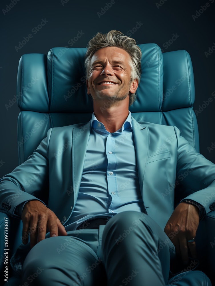A content businessman lounging in a chair, hands behind head, plain pastel blue background