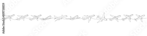 Aircraft set. Air transport one line continuous drawing. Passenger airplanes continuous one line illustration. Vector minimalist linear illustration