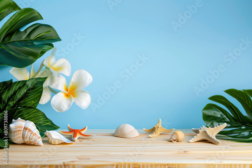 Tropical beach display with starfish and shells photo