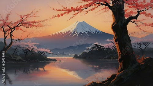 Mountain New Year's card Japanese zen landscape background. photo