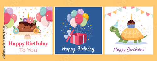 Set of birthday cards. Cake, balls, gifts, funny character.