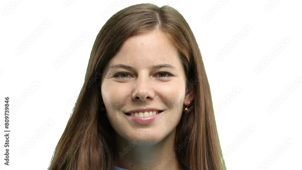 Woman's face, close-up, on a white background