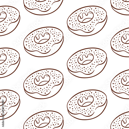 Donut seamless pattern with turquoise frosting and sprinkles in line art style. Simple hand drawn design for delivery, bakery and cafe. Vector illustration on a white background.