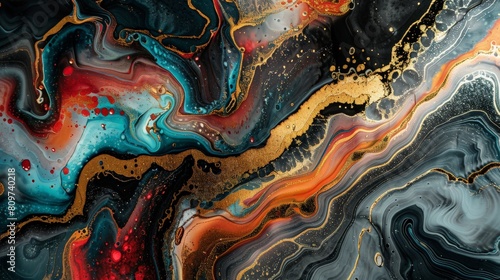 Abstract colourful marble background fluid art painting alcohol ink style with a mix of black, gold, red and blue colours. Beautiful swirl marble background 