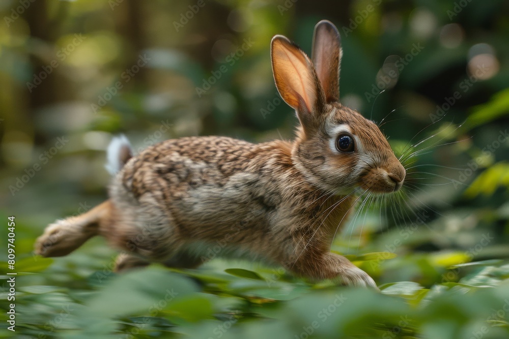 A dynamic image of a wild rabbit in motion as it runs through lush green foliage in a natural setting A dynamic image of a wild rabbit in motion as it runs through lush green foliage in a natural setting