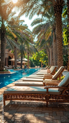 Sun lounger in a hotel near the pool, under the shade of palm trees in Oman