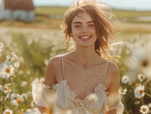 A woman in a summer dress runs through a field of daisies, laughing.