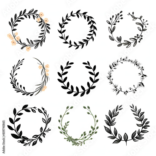 Decorative round floral frames made of blooming flowers hand drawn with contour lines on white background. Vintage laurel wreaths collection. Set of circular natural design element
