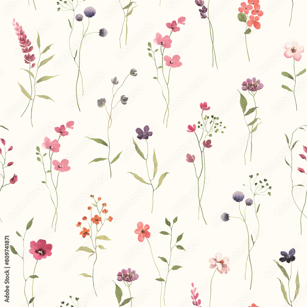 Watercolor seamless floral pattern with abstract delicate wildflowers and plants. Hand drawn illustration for floral background, wallpapers or textile in vintage style.