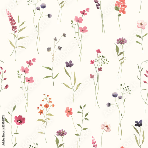 Wallpaper Mural Watercolor seamless floral pattern with abstract delicate wildflowers and plants. Hand drawn illustration for floral background, wallpapers or textile in vintage style. Torontodigital.ca