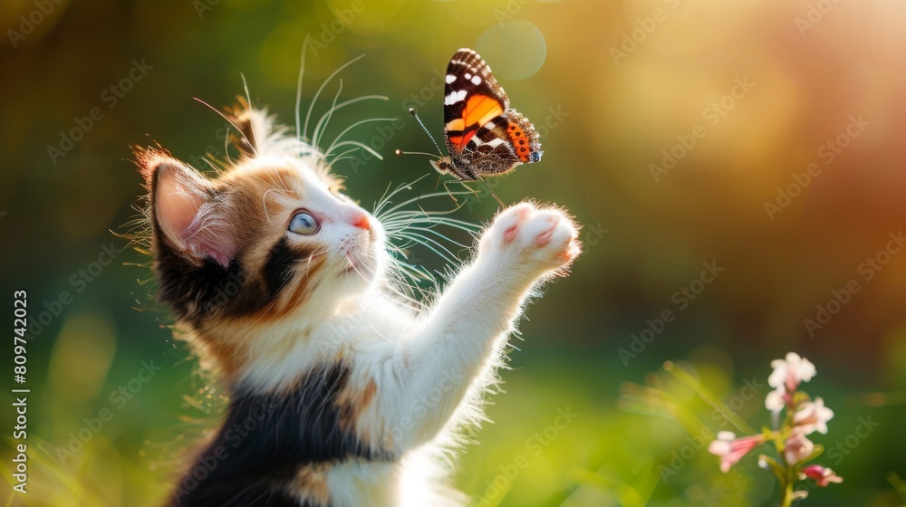 Obraz premium Kitten plays with a colorful butterfly