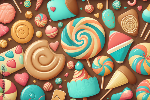 Seamless pattern of sweets lollipops assortment background.