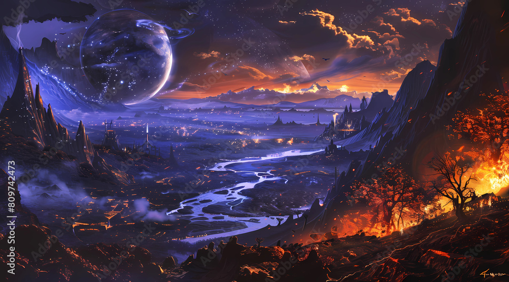 A fantasy landscape of an alien planet with dark purple and blue colors, featuring towering mountains made from black stone