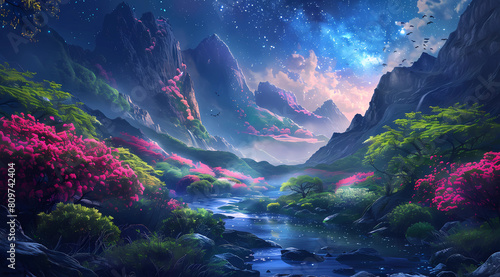 A beautiful fantasy landscape with mountains, trees and flowers in pink, blue, and green colors