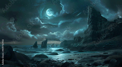 A dark fantasy landscape of an alien beach with rocks and cliffs, under the moonlight photo