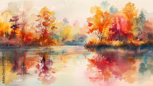 Serene Autumn Lake A Watercolor Tribute to Natures Vibrant Tonalist Movement photo