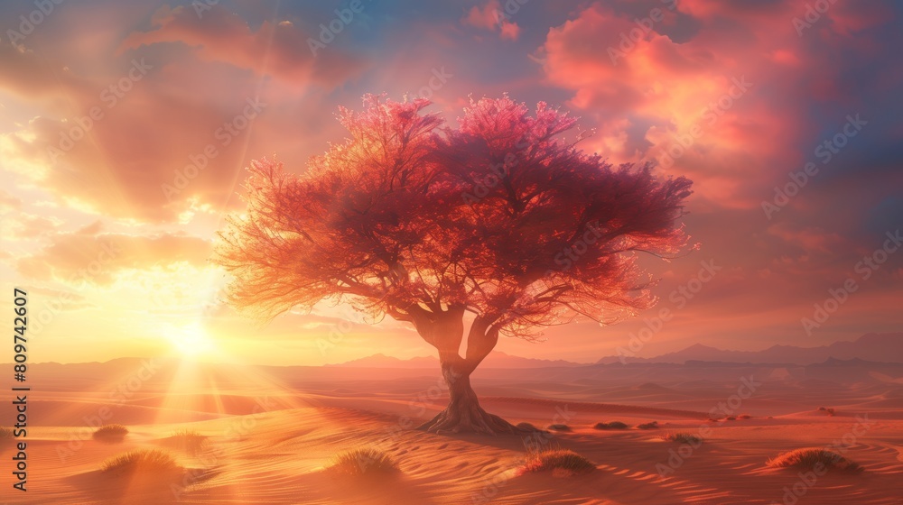 Beautiful fairy tale tree growing in the desert against the sunset background Beautiful fairy tale tree growing in the desert against the sunset background
