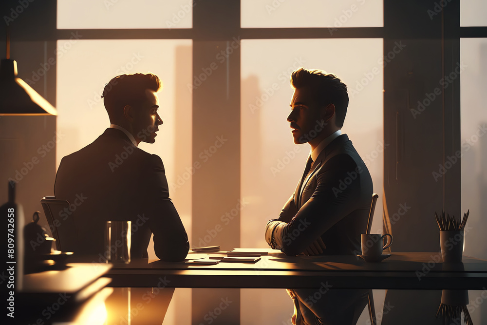 Informal business meeting. Men in suits talking at table in dark interior. Relaxed communication. Informal business meeting. Men in suits talking at table in dark interior. Relaxed communication.