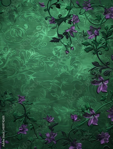 Intricate Lavender Floral Design on Deep Emerald Backdrop A Rich and Sophisticated Botanical Art