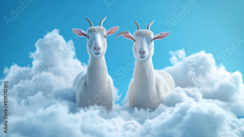 Two white goats are laying on top of a cloud. The goats are looking at the camera and seem to be enjoying their time in the sky. 2 goats sheep on blue background with clouds and free space