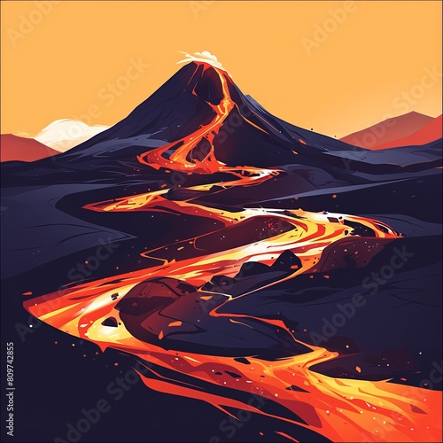 Volcano with flowing lava flat design side view molten river theme water color Complementary Color Scheme,