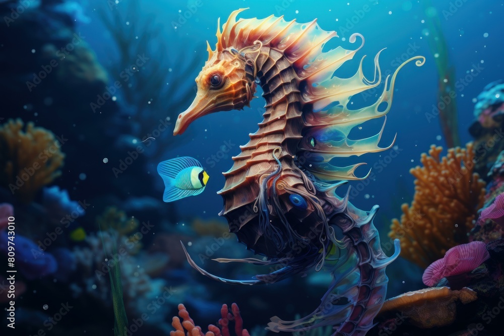 Vibrant illustration of a seahorse with exquisite details among a colorful coral reef Vibrant illustration of a seahorse with exquisite details among a colorful coral reef